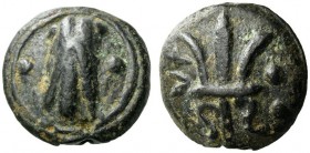 UMBRIA, Tuder. 220-200 BC. Sextans (Bronze, 23mm, 17.37 g 12). Cicada; in field, • - •. Rev. TV Trident between • •. HN III 49. Vecchi 226. An attract...