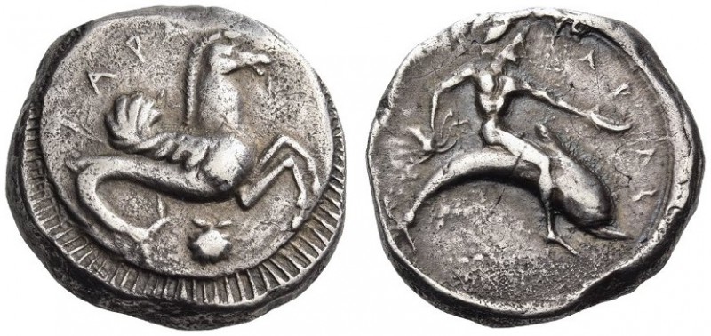 CALABRIA, Tarentum. Circa 490-480 BC. Nomos (Silver, 20mm, 8.10 g 12). ΤΑΡΑϞ Hip...