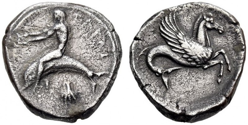 CALABRIA, Tarentum. Circa 465-455 BC. Nomos (Silver, 19mm, 7.92 g 12). ΤΑΡΑϞ Pha...