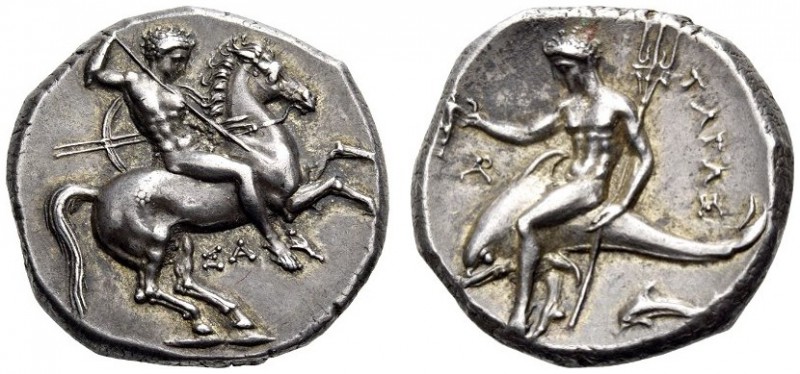 CALABRIA, Tarentum. Circa 315-302 BC. Nomos (Silver, 21mm, 7.96 g 5). Nude rider...