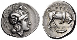 LUCANIA, Thourioi. Circa 350-300 BC. Stater (Silver, 22mm, 7.97 g 10), Euphra.... Head of Athena to right, wearing crested Attic helmet adorned with S...