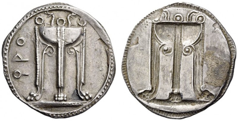 BRUTTIUM, Kroton. Circa 530-500 BC. Stater (Silver, 29mm, 8.39 g 12). ϘΡΟ Tripod...
