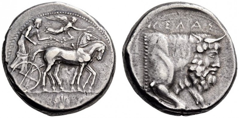 SICILY, Gela. Circa 450-440 BC. Tetradrachm (Silver, 25mm, 17.23 g 9). Quadriga ...