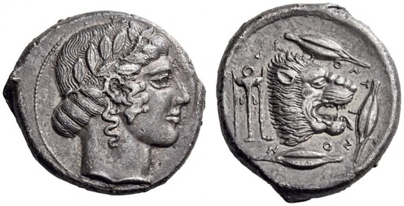 SICILY, Leontini. Circa 450-440 BC. Tetradrachm (Silver, 25mm, 16.61 g 9). Laure...