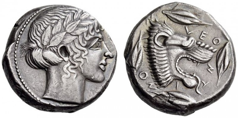 SICILY, Leontini. Circa 450-440 BC. Tetradrachm (Silver, 22mm, 17.13 g 2). Laure...