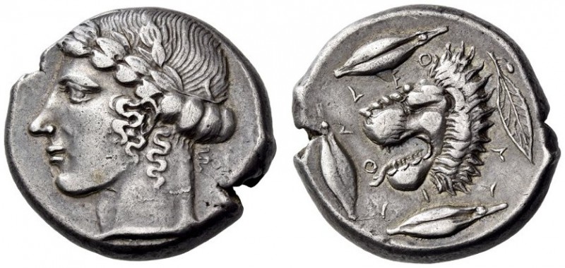 SICILY, Leontini. Circa 440-430 BC. Tetradrachm (Silver, 24mm, 17.36 g 11). Laur...