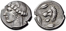 SICILY, Leontini. Circa 440-430 BC. Tetradrachm (Silver, 24mm, 17.36 g 11). Laureate head of Apollo to left. Rev. VΕΟ-ΝΤ-ΙΝΟΝ Lion’s head with open ja...