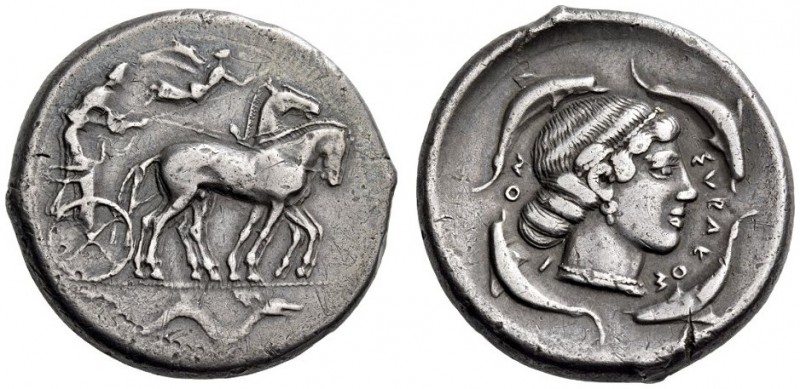 SICILY, Syracuse. Circa 450 BC. Tetradrachm (Silver, 27mm, 16.89 g 10). Chariote...