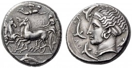 SICILY, Syracuse. Dionysios I, 405-367 BC. Tetradrachm (Silver, 25mm, 17.40 g 10), in the style of Eukleidas, c. 405-395. Charioteer, holding kentron ...
