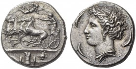 SICILY, Syracuse. Dionysios I, 405-367 BC. Dekadrachm (Silver, 34mm, 41.86 g 11), signed by Euainetos, c. 405-400. Quadriga galloping to left, driven ...