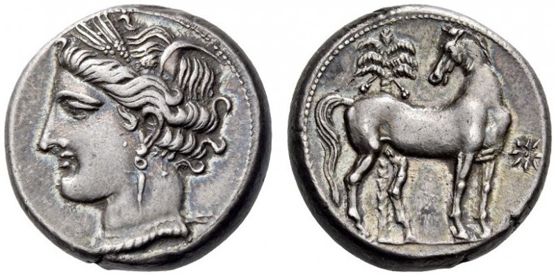 CARTHAGE. Circa 300 BC. Shekel (Silver, 18mm, 7.60 g 12). Head of Tanit to left,...