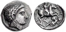 PAEONIA, Patraos, Circa 335-315 BC. Tetradrachm (Silver, 23mm, 12.30 g 9). Laureate head of Apollo to right. Rev. Π[ΑΤ]-ΡΑΟΥ Paeonian horseman, wearin...