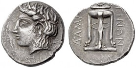 ILLYRIA, Damastion (Dardania). Circa 340-330 BC. Tetradrachm (Silver, 24mm, 12.83 g 9). Head of Dionysos to left, crowned with an ivy wreath. Rev. ΔΑΜ...