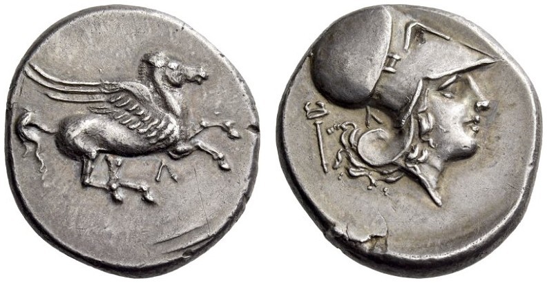 AKARNANIA, Leukas. Circa 350-320 BC. Stater (Silver, 20mm, 8.43 g 7). Pegasus fl...