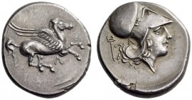 AKARNANIA, Leukas. Circa 350-320 BC. Stater (Silver, 20mm, 8.43 g 7). Pegasus flying right with straight wings; below, Λ. Rev. Head of Athena to right...
