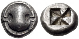 BOEOTIA, Thebes. 525-480 BC. Drachm (Silver, 14mm, 6.10 g). Boeotian shield. Rev. Incuse square with clockwise mill-sail pattern. BMC 5. BCD Boiotia 3...