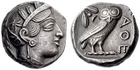 ATTICA, Athens. Circa 420s BC. Tetradrachm (Silver, 24mm, 17.11 g 9). Head of Athena to right, wearing disc earring, pearl necklace and a crested Atti...