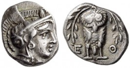 ATTICA, Athens. Circa 393-355 BC. Triobol (Silver, 12mm, 2.12 g 9). Helmeted head of Athena to right. Rev. Α / Ε - Θ Owl standing facing between two o...