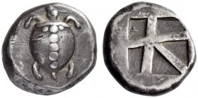 ISLANDS of ATTICA, Aegina. Circa 480-457 BC. Stater (Silver, 20mm, 12.44 g). Sea turtle with a T-shaped design of line of five large pellets down the ...