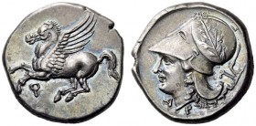 CORINTHIA, Corinth. Circa 345-307 BC. Stater (Silver, 21mm, 8.54 g 2). Ϙ Pegasus flying left with pointed wing. Rev. Α Ρ Head of Aphrodite to left, we...
