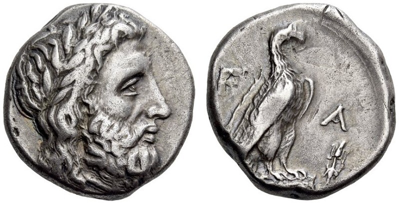 ELIS, Olympia. 108th Olympiad, 348 BC. Stater (Silver, 22mm, 12.21 g 6). Laureat...