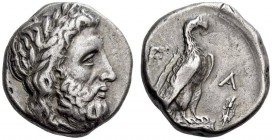 ELIS, Olympia. 108th Olympiad, 348 BC. Stater (Silver, 22mm, 12.21 g 6). Laureate head of Zeus to right. Rev. F - Α Eagle, with wings folded, standing...