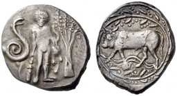 CRETE, Phaistos. Circa 330-320 BC. Stater (Silver, 24mm, 11.69 g 2). Herakles standing facing, resting his right hand on his club and with his lionski...