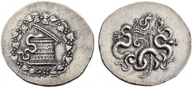 MYSIA, Pergamon. Circa 166-160 BC. Cistophoric tetradrachm (Silver, 31mm, 12.59 g 12). Basket (cista mystica) from which snake coils; around, ivy wrea...
