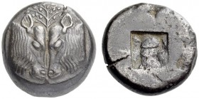 LESBOS, Unattributed early mint. Circa 500-450 BC. Stater (Billon, 19mm, 11.09 g). Two calf’s heads confronted, forming a single facing head; between ...