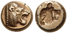 LESBOS, Mytilene. Circa 521-478 BC. Hekte (Electrum, 9mm, 2.59 g 9). Head of lion with open jaws to right; dotted truncation Rev. Head of a calf to le...