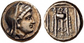 LESBOS, Mytilene. Circa 377-326 BC. Hekte (Electrum, 10mm, 2.41 g 12). Veiled head of Demeter to right, wearing wreath of grain ears. Rev. Tripod tied...