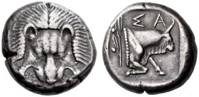 ISLANDS off IONIA, Samos. Circa 459/8-454/3 BC. Tetradrachm (Silver, 21mm, 13.11 g 9). Lion’s mask facing. Rev. ΣΑ Forepart of an ox to right; to left...
