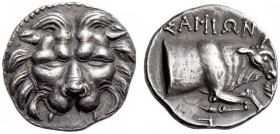 ISLANDS off IONIA, Samos. Circa 270-240 BC. Octobol (Silver, 18mm, 4.36 g 12), Ptolemaic standard. Lion’s scalp facing. Rev. ΣΑΜΙΩΝ Forepart of an ox ...