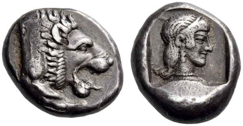 CARIA, Knidos. Circa 465-449 BC. Drachm (Silver, 16mm, 6.33 g 9). Forepart of a ...