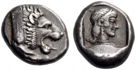 CARIA, Knidos. Circa 465-449 BC. Drachm (Silver, 16mm, 6.33 g 9). Forepart of a lion with open jaws to right. Rev. Head of Aphrodite to right, wearing...