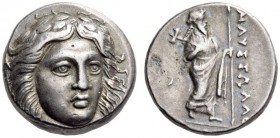 SATRAPS of CARIA, Maussolos, Circa 377/6-353/2 BC. Drachm (Silver, 14mm, 3.70 g 12), Halikarnassos. Laureate head of Apollo facing, turned slightly to...