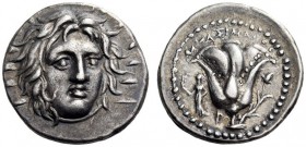 ISLANDS off CARIA, Rhodos. Rhodes. Circa 250-229 BC. Didrachm (Silver, 20mm, 6.58 g 12), Mnasimachos. Radiate head of Helios facing, turned slightly t...