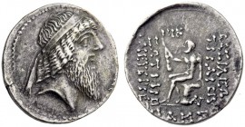 KINGS of CHARACENE, Tiraios II, 79/78-49/48 BC. Tetradrachm (Silver, 30mm, 15.20 g 11), Charax-Spasinu, year 241 = 71/70 . Diademed and bearded head o...