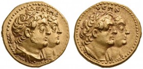 PTOLEMAIC KINGS of EGYPT, Ptolemy II Philadelphos, with Arsinöe II, Ptolemy I, and Berenike I, 285-246 BC. Didrachm, or Quarter Mnaieia (Gold, 16mm, 6...