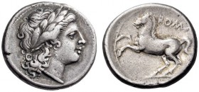 Anonymous, c. 234-231 BC. Didrachm (Silver, 19mm, 6.66 g 6), Rome. Laureate head of Apollo to right. Rev. ROMA Horse prancing to left. Crawford 26/1. ...