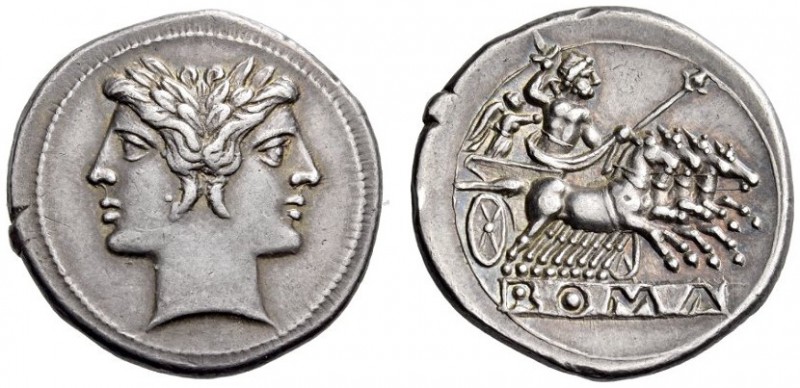 Anonymous, c. 225-214/212 BC. Quadrigatus (Silver, 23mm, 6.73 g 6), Rome. Laurea...