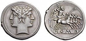 Anonymous, c. 225-214/212 BC. Quadrigatus (Silver, 23mm, 6.73 g 6), Rome. Laureate janiform head of the Dioscouri with, on the top of the head, two an...
