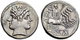 Anonymous, c. 225-214/212 BC. Quadrigatus (Silver, 19mm, 6.80 g 2), Rome. Laureate janiform head of the Dioscouri. Rev. Jupiter, holding scepter and t...