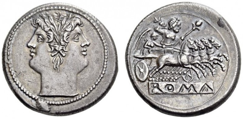 Anonymous, c. 225-214/212 BC. Quadrigatus (Silver, 20mm, 6.66 g 7), Rome. Laurea...