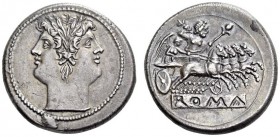 Anonymous, c. 225-214/212 BC. Quadrigatus (Silver, 20mm, 6.66 g 7), Rome. Laureate janiform head of the Dioscouri. Rev. Jupiter, holding scepter and t...
