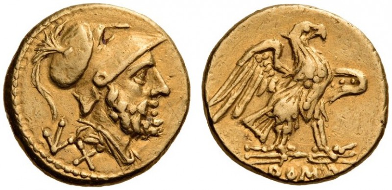 Anonymous, 211-208 BC. 60 Asses (Gold, 13mm, 3.16 g 1), Rome. Helmeted head of M...