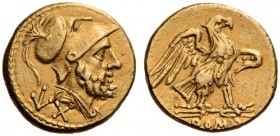 Anonymous, 211-208 BC. 60 Asses (Gold, 13mm, 3.16 g 1), Rome. Helmeted head of Mars to right; below left, value. Rev. ROMA Eagle, with spread wings, s...