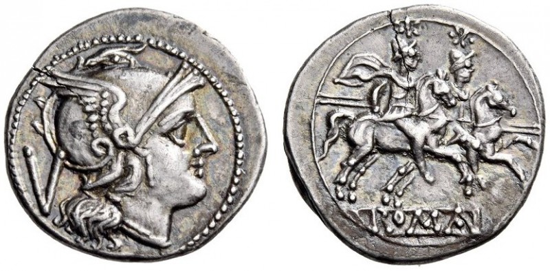 Anonymous, after 211 BC. Quinarius (Silver, 16mm, 2.17 g 3), Rome. Helmeted head...
