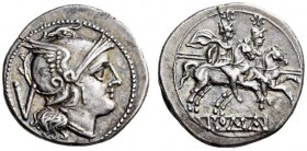 Anonymous, after 211 BC. Quinarius (Silver, 16mm, 2.17 g 3), Rome. Helmeted head of Roma to right; behind, V. Rev. The Dioscuri galloping to right; be...