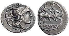 Anonymous, after 211 BC. Sestertius (Silver, 13mm, 1.14 g 9), Rome. Helmeted head of Roma to right; behind, IIS. Rev. The Dioscuri galloping to right;...